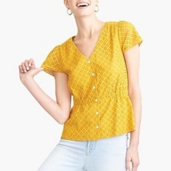 J.Crew Eyelet Peplum Button Front Top in Mustard - Size 14 - Picture 1 of 9